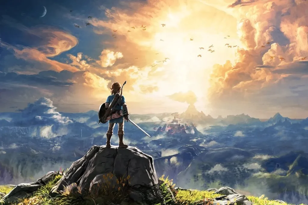A kid standing on a rock in the Breath of the Wild game