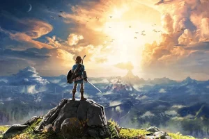 A kid standing on a rock in the Breath of the Wild game