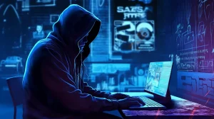 Man covered in hood stealing information from a computer in the MOVEit