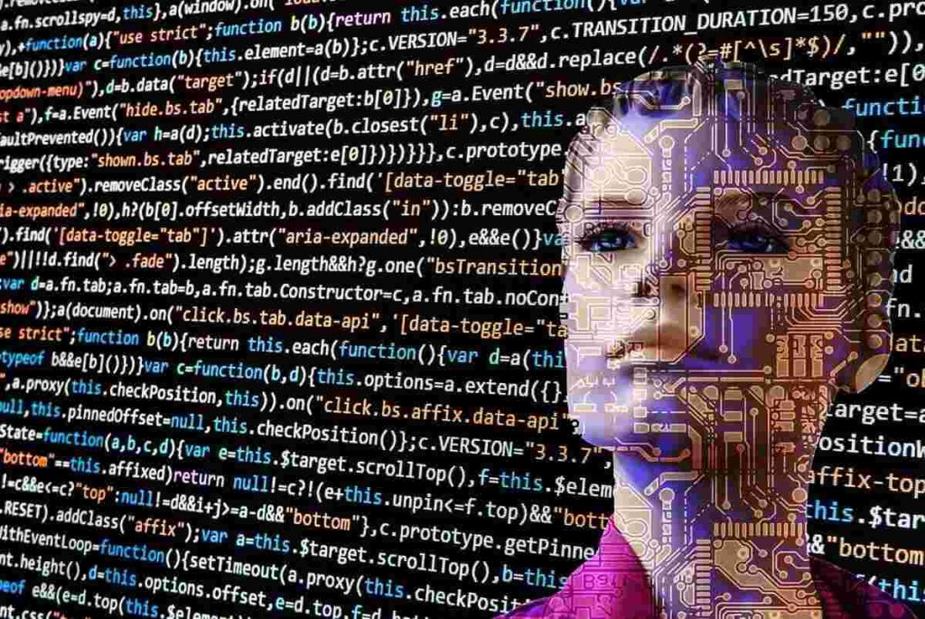 A human face of a lady behind computer code in Artificial Intelligence