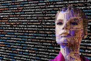 A human face of a lady behind computer code in Artificial Intelligence