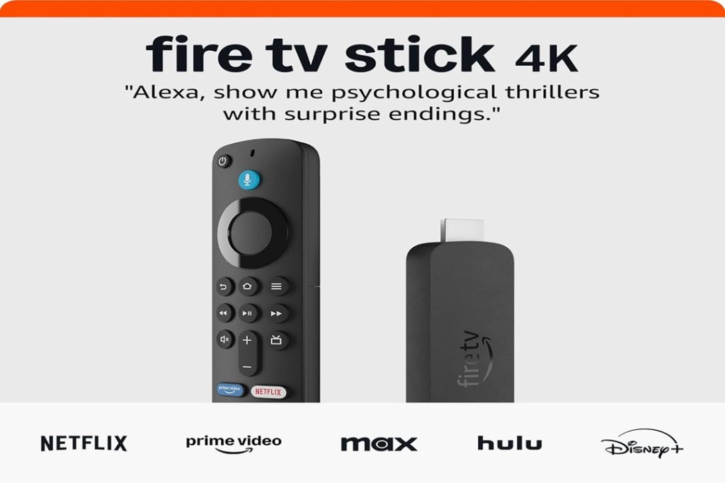 An Amazon Stick 4K streaming device shown with its Alexa-enabled voice remote and logos for popular streaming services like Netflix, Prime Video, and Disney+.
