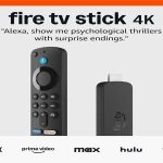 An Amazon Stick 4K streaming device shown with its Alexa-enabled voice remote and logos for popular streaming services like Netflix, Prime Video, and Disney+.