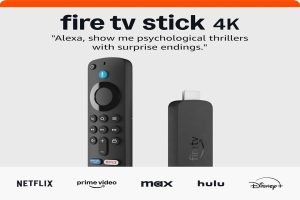 An Amazon Stick 4K streaming device shown with its Alexa-enabled voice remote and logos for popular streaming services like Netflix, Prime Video, and Disney+.