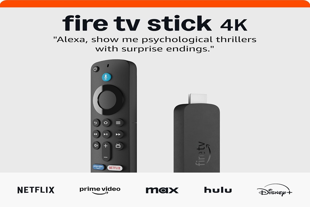 An Amazon Stick 4K streaming device shown with its Alexa-enabled voice remote and logos for popular streaming services like Netflix, Prime Video, and Disney+.