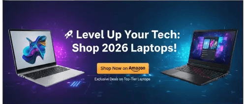 A promotional web banner for 2026 laptop deals on Amazon, featuring a modern silver laptop for students and a high-performance gaming laptop for power players with a 'Shop Now' call to action.