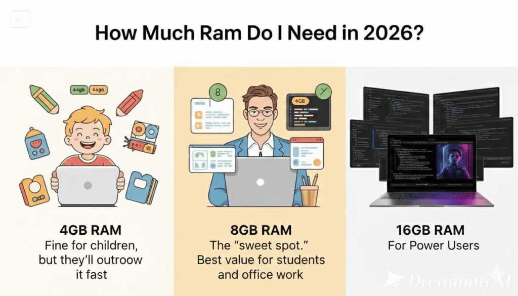 A three-part comparison guide for laptop RAM in 2026: 4GB for children, 8GB as the sweet spot for students and office work, and 16GB for power users like creators and coders.