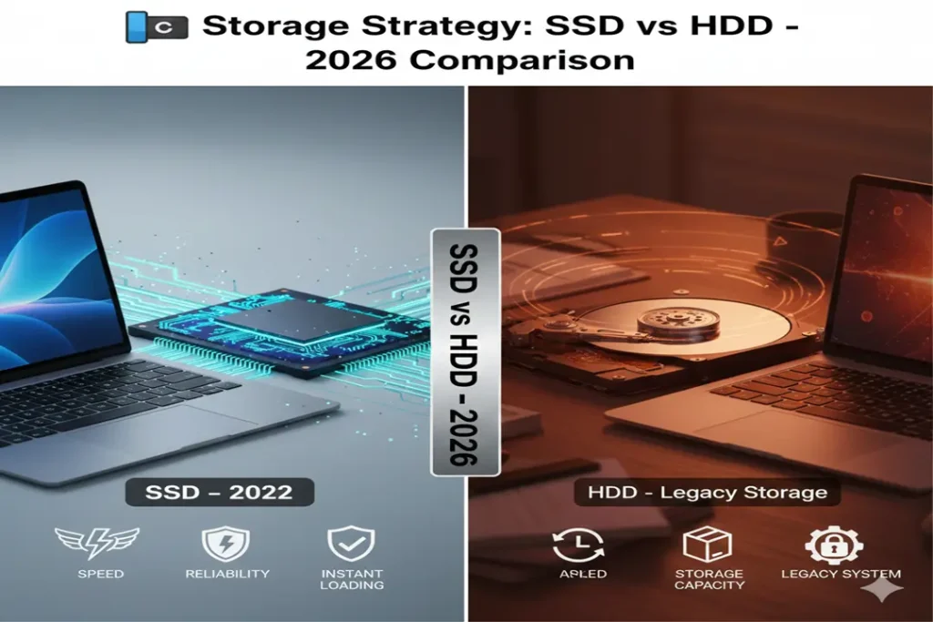 A split-screen tech comparison for 2026: The left side shows a fast, neon-lit SSD with 'Speed' and 'Reliability' icons. The right side shows a bulky, mechanical HDD representing 'Legacy Storage'. This visualizes why a 256GB SSD is the modern gold standard over a 1TB HDD.