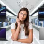 A confused shopper surrounded by different laptop brands like Lenovo, HP, and Acer, illustrating the frustration of choosing the perfect machine in 2026.