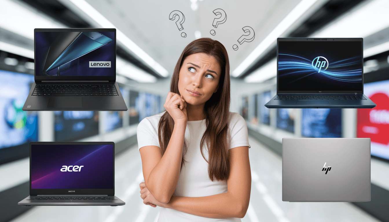 A confused shopper surrounded by different laptop brands like Lenovo, HP, and Acer, illustrating the frustration of choosing the perfect machine in 2026.
